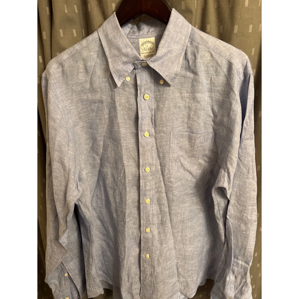Brooks Brothers Light Blue Irish Linen Button Down Polo Shirt Mens Large Large